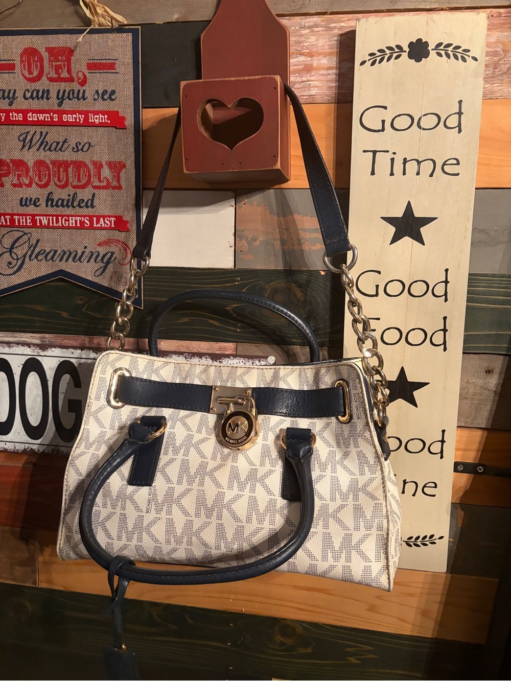 Michael Kors Cream and Navy Logo Tote with Gold Hardware